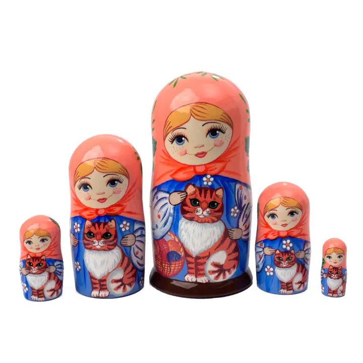 5 Piece Maiden With Orange Tabby Cat Nesting Doll